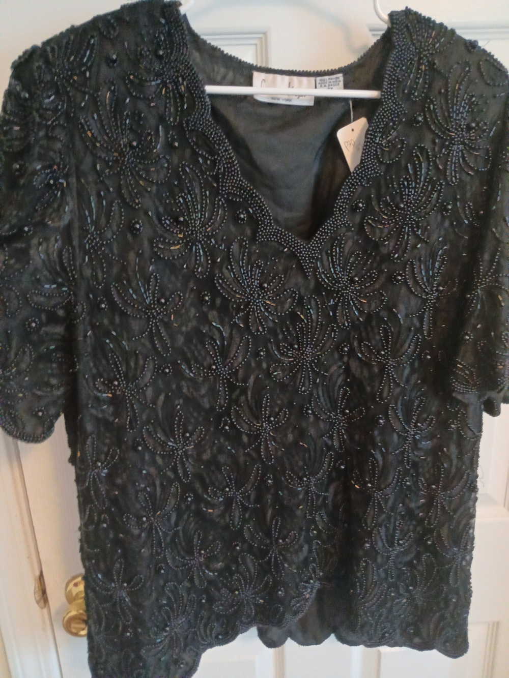 Laurence Kazar Black Beaded V-Neck Top